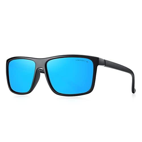 MERRY'S Rectangular Polarized Sports Sunglasses for Fishing UV400 Protection S8225 - Matte Black Frame/Black Metal/Blue Mirror Lens - 58 Millimeters