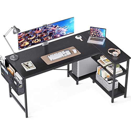 ODK Small L Shaped Computer Desk, 55 Inch Corner Desk with Reversible Storage Shelves & PC Stand for Home Office Workstation, Modern Simple Writing Study Table with Storage Bag for Small Space, Black - 55 inch - Black