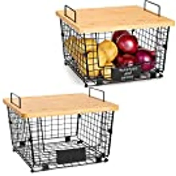 2 Set Kitchen Counter Basket with Bamboo Top - Pantry Cabinet Organization and Storage Wire Basket - Countertop Organizer for Produce, Fruit, Vegetable (Onion, Potato), Bread, K-Cup Coffee Pods