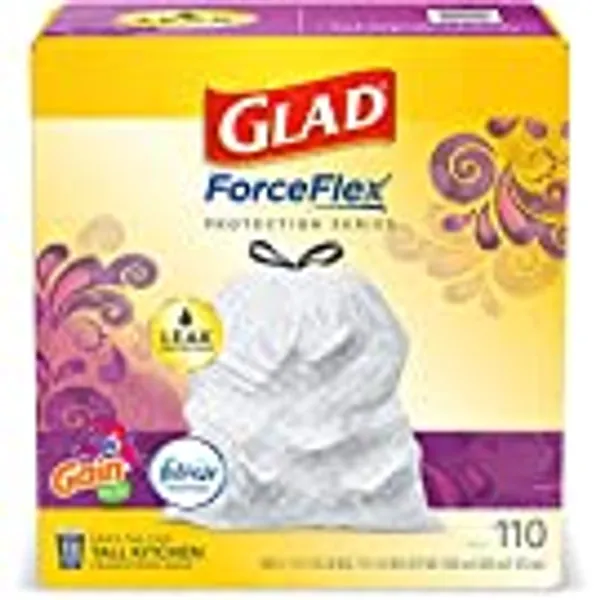 GLAD ForceFlex Tall Kitchen Drawstring Trash Bags, 13 Gallon White Trash Bag for Kitchen Trash Can, Gain Moonlight Breeze with Febreze Freshness and Leak Protection, 110 Count (Package May Vary)