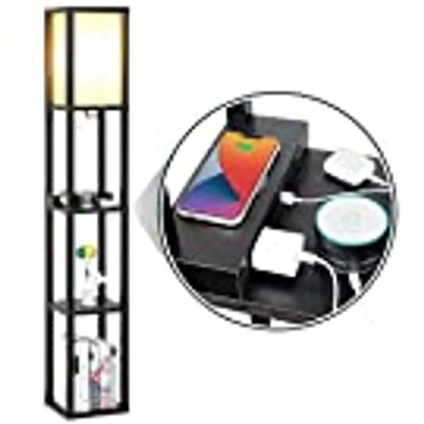Mlambert Modern LED Shelf Floor Lamp with Wireless Charger & 2 Fast Charging USB Ports & 2 Power Outlets, 3 Tier Storage Display Standing Lamp Narrow Corner Light for Bedroom Living Room(Black)