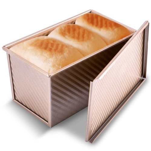 KITESSENSU Pullman Loaf Pan with Lid, 1 lb Dough Capacity Non-Stick Bakeware for Baking Bread, Carbon Steel Corrugated Bread Toast Box Mold with Cover for Baking Bread, Gold - Gold