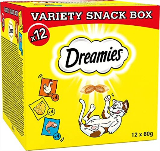 Dreamies Variety Snack Box , 60 g Pouches, Cat Treats Tasty Snacks with Delicious Chicken, Salmon and Cheese Flavours, (12x60g)) - Variety Box - 12 Count ( Pack of 1)