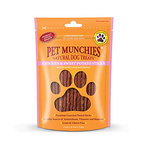 Pet Munchies Chicken and Sweet Potato Dog Treats, Healthy Grain Free Dental Sticks with Natural Real Meat 90g - Chicken and Sweet Potato - 90 g (Pack of 1)