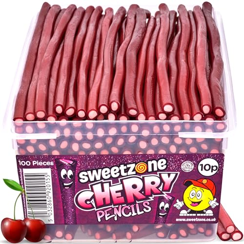Sweetzone Cherry Pencils, UK British Retro Sweets Tub, 100 pcs, American Halal Gummy Candy Sticks Bulk for Sweet Enthusiasts - Cherry
