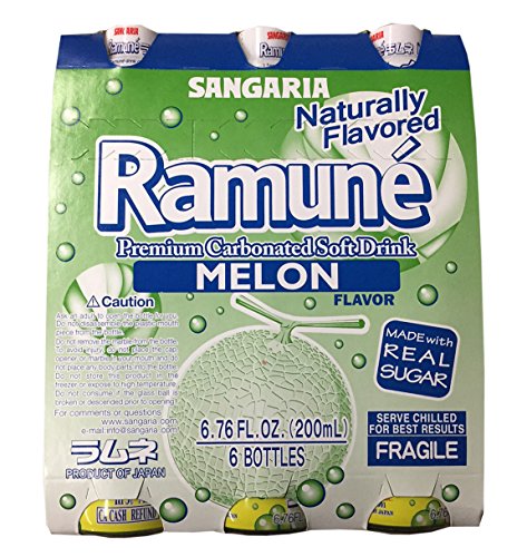 Sangaria Ramune Premium Carbonated Soft Drink 6.76 fl oz per Bottle (Melon, 6 Bottle) - Melon - 6.76 Fl Oz (Pack of 6)