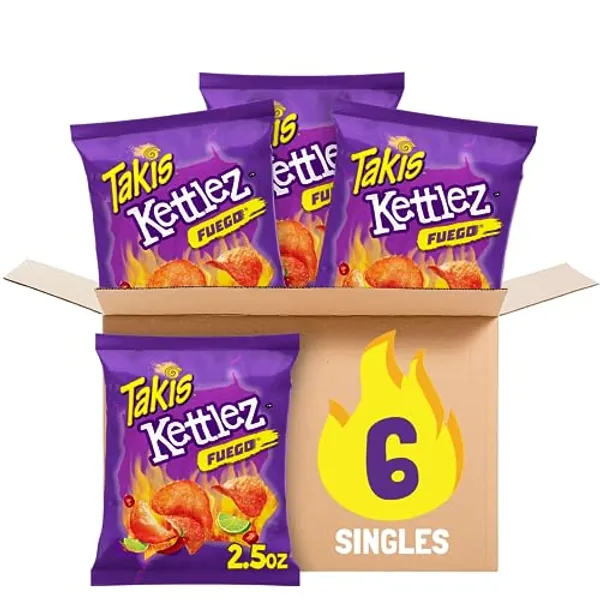 Takis Fuego Kettlez 6 pc / 2.5 oz Snack Size Case, Hot Chili Pepper & Lime Flavored Extreme Spicy Kettle-Cooked Potato Chips