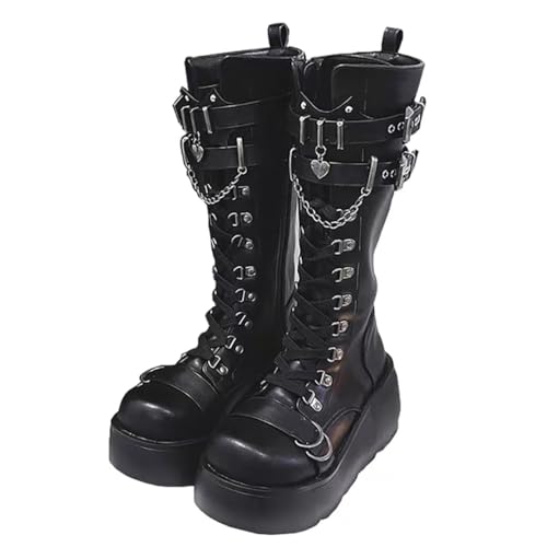 Ulalaza Women's Goth Platform Ankle Boots with Bat Wing Buckles Chunky Block Heels Round Toe Zipper Punk Motorcycle Combat Boots Comfy Short Gothic Booties - 6 - Boot-s2-black