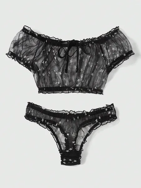 ROMWE Goth Plus Size Women's Mesh Starry Printed One Shoulder Silver Hot Stamping Sexy Lingerie Set With Short Sleeve