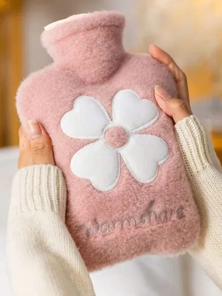 1pc Pink Flower Embroidered Plush Hot Water Bag, Suitable For Warming Belly/hands/uterus