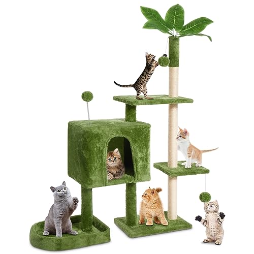 TSCOMON 52" Cat Tree Cat Tower for Indoor Cats with Green Leaves, Multi-Level Cozy Plush Cat Condo Cat House Scratching Posts for All Breeds Sizes - 52" - Green