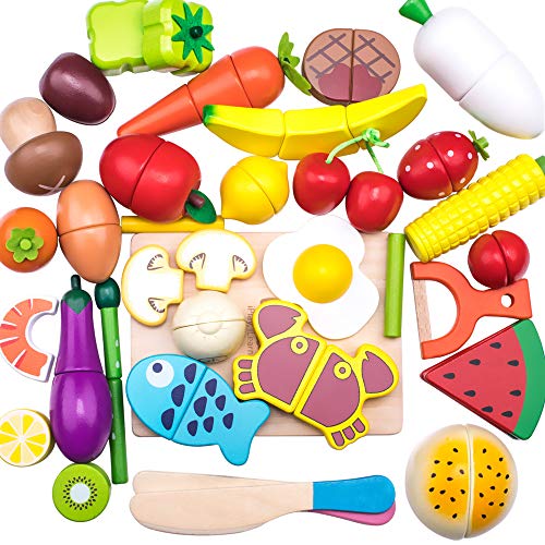 iPlay, iLearn Wooden Pretend Play Food, Cutting Cooking Set W/ Chopping Board, Kitchen Vegetables Fruit Magnetic Toy, Early Learning Educational Gifts for 3, 4, 5, 6 Year Old Kids, Toddler, Boy, Girl - 32 Pcs Cutting Toy