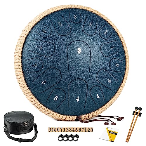 HOPWELL Steel Tongue Drum - 13 Inches 15 Notes Tongue Drum - Hand Pan Drum with Music Book, Handpan Drum Mallets and Carry Bag, D Major (Navy Blue) - 13 Inch 15 Note - Navy Blue