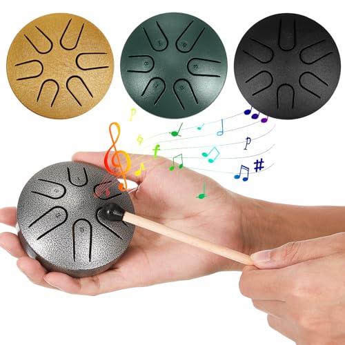 Lukmaa 4 Pcs Pocket Steel Tongue Drum 3 Inch 6 Notes Mini Handpan Drums Small Worry Free Musical Instruments Gifts with Drum Mallets and Note Stickers for Beginner Adults Kids Meditation Yoga, 4 Color