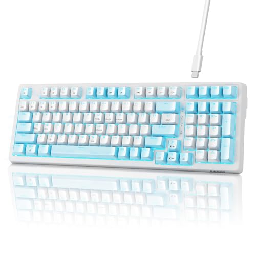 baoced Mechanical Gaming Keyboard, Full Size 98 Anti-Ghosting Keys Brown Switch Keyboards with ICY Blue Backlight, Wired Detachable USB Type-C Gaming Keyboard with Adjustable Kickstand - white blue-brown switch