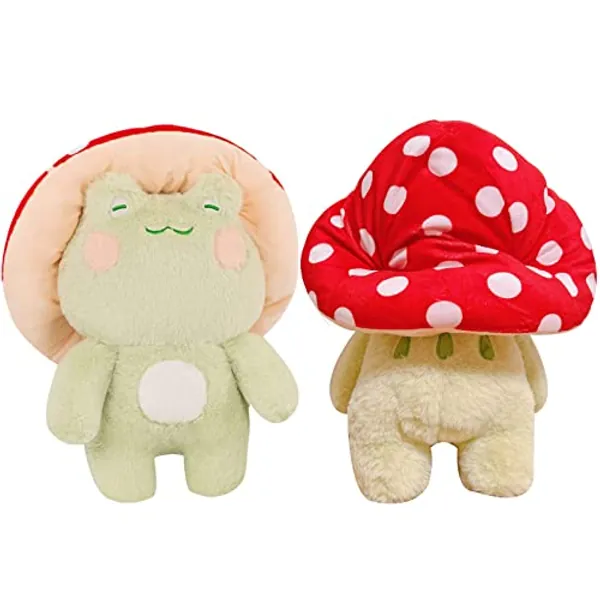 XSHYE Frog Plush 10" Cute Frog Mushroom Hat Stuffed Animals Kawaii Plush Toys Throw Pillow Home Room Decor Aesthetic Gift - Light Green Frog With Red Mushroom Hat - 10 inch