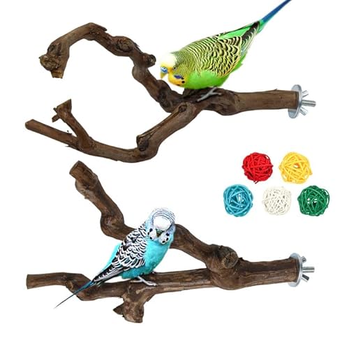 2 Pack Bird Perch Stand,Natural Wood Bird Stand for Cage, 5Pcs Chew Balls and Grape Stick Climbing Standing Branches Toy Parakeet Toys Cage Accessories for Parakeet, Budgies, Lovebirds (branches) - branches