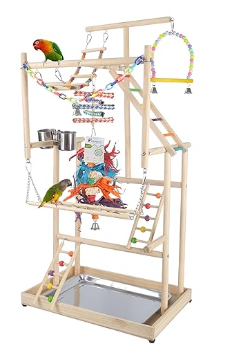 Large Parrot Playground 4 Layers - Bird Playground Cockatiel Wood Perch Gym Playpen Play Gym Parrot Playstand Bird Perches for Parakeets Lovebirds Conure Cockatoos Finch Budgies - 4-Layers