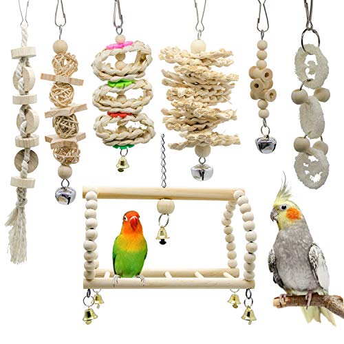 MQUPIN Bird Parrot Swing Chewing Toys- 7 Packs Natural Wood Hanging Bell Bird Cage Toys Suitable for Small Parakeets, Cockatiels, Conures, Finches,Budgie,Macaws, Parrots, Love Birds - 7 PCS