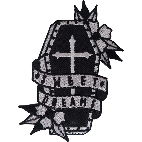 ELLU Coffin Patch Iron Sew On Clothes Funeral Flowers Death Black Embroidered Badge