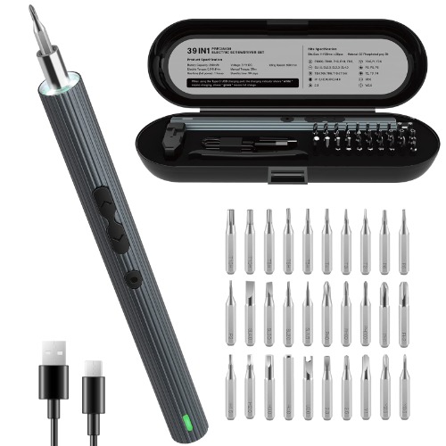 Mini Electric Screwdriver, 39 in 1 Homtronics Rechargeable Cordless Small Power Precision Screwdriver Kit with S2 Steel Magnetic Bits, Repair Tool Kit with LED Light for Phone Watch Laptop Eyeglasses