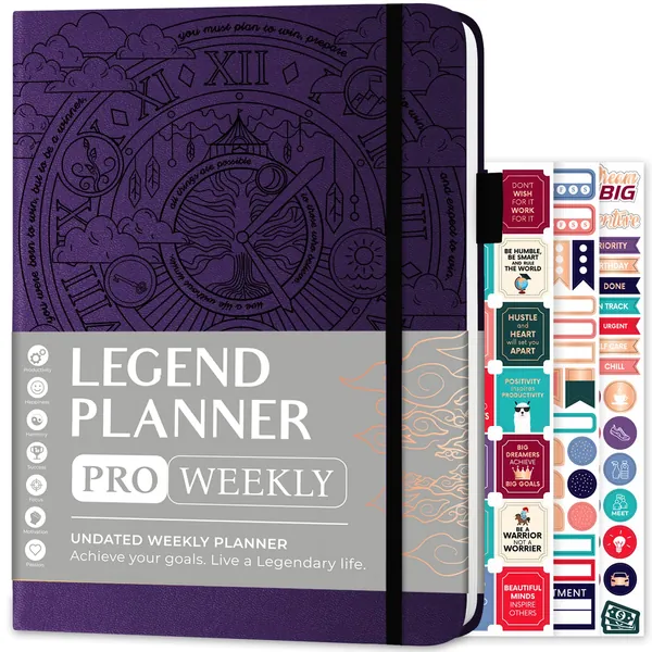 Legend Planner PRO - Deluxe Weekly & Monthly Life Planner to Increase Productivity and Hit Your Goals. Time Management Organizer Notebook - Undated - 7 x 10 Hardcover + Stickers - Dark Purple