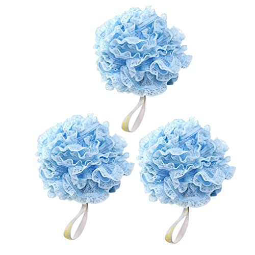 Uonlytech Mens Body Scrubber 3Pcs Large Lace Bath Flower Rich Foaming Mesh Shower Soft and Cute Hanging Bath Shower Sponge Loofah Balls for Bathroom Blue Cleaning Sponge - Blue