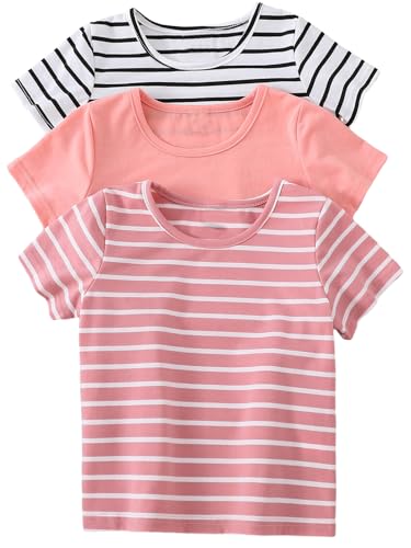 Floerns Girls 3 Piece Striped Print Crew Neck Casual Short Sleeve Tee Shirt - 5T - Black Dusty Pink