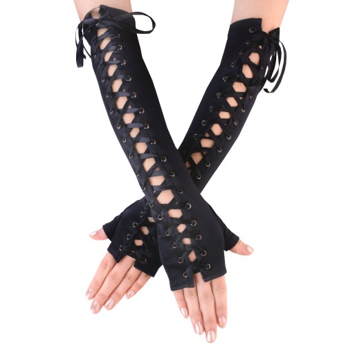 JISEN Womens Fingerless Gloves Elbow Lace Up steampunk Costume Arm Warmer - Satin Black
