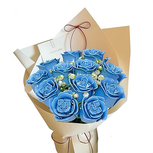 12 Blue Roses Bouquet Building Blocks Flowers, Artificial Flowers Botanical Collection Blocks Kit for Adults, Home Decor, Gift for Birthday, Mother's Day,Wedding Anniversary for Her and Women - 12blue Roses