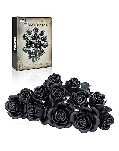 Black Roses Bouquet Building Set, Artificial Flowers Botanical Collection Blocks Kit Compatible with Lego for Adults, Gothic Home Decor for Easter and Mother's Day (623PCS)