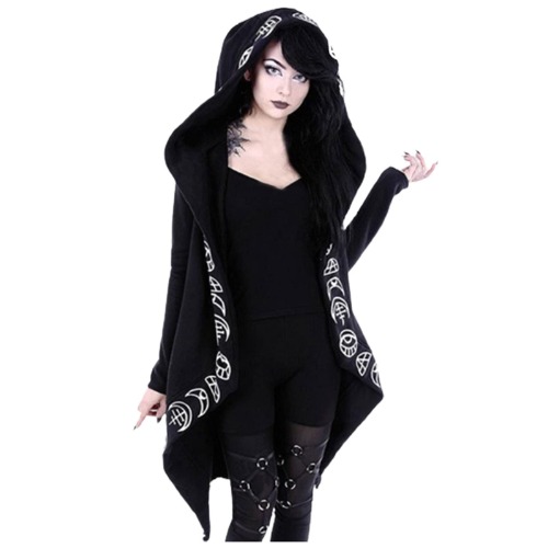 Women Punk Gothic Sweatshirt Witchcraft Moon Long Hoodie Oversized Long Sleeve Zip Up Hoodie - Black XX-Large