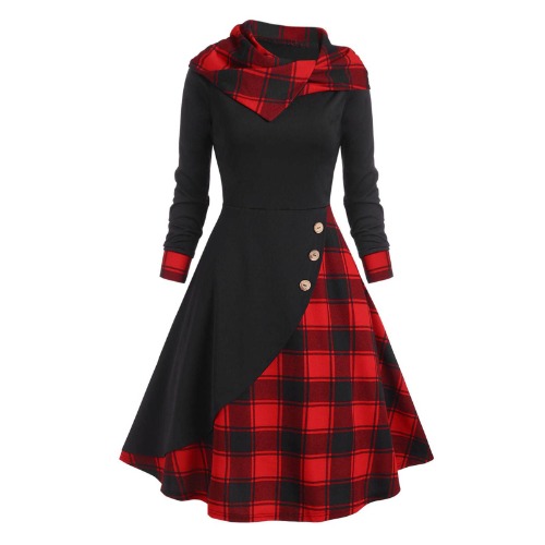Women Dress Gothic Retro Plaid Panel Dress Renaissance Long Sleeve Hooded Button Dress Medieval Dark Floor Length Dress