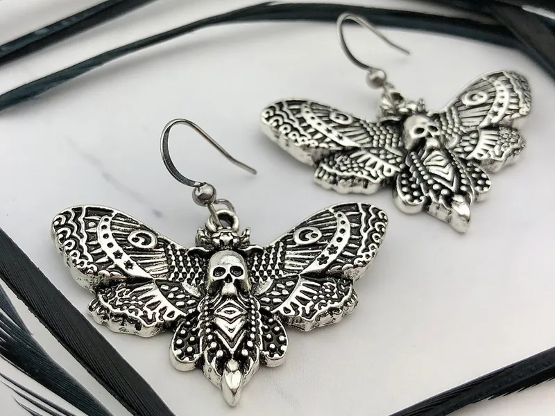 Silver Death Head Earrings - Goth Insect Earrings - Macabre - Esoteric Moth Jewelry - Oddities