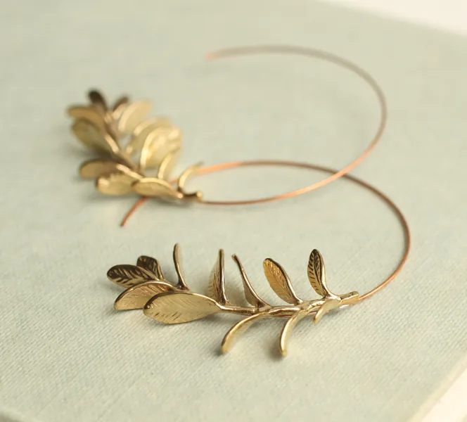 Rosemary Hoop Earrings, Gold Leaf Hoop Earrings, Twig Branch Earrings, Nature Plant Leaf Eearrings, Woodland Earrings, ROSEMARY HOOPS