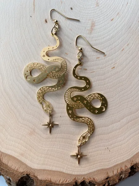 celestial snake drop earrings | witchy earrings | gift for her | brass | laser cut | clip on available | hypoallergenic gold plated hooks