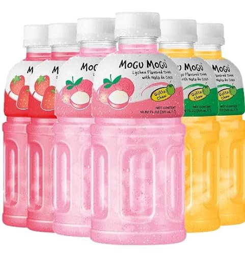 Mogu Mogu drink Variety Pack (6 Bottles) Drinks for kids made with fruit juice variety pack and nata de coco (coconut jelly) Fun chewable juice boxes for kids. Juice bottles with Lychee Juice, Mango Juice and Strawberry Juice