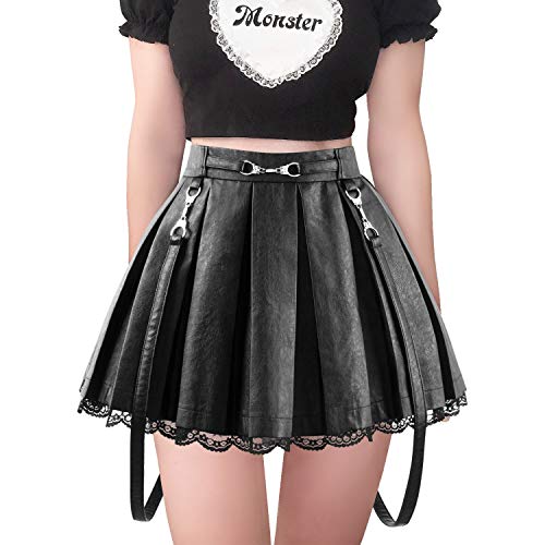 Littleforbig Women's A-Line Pleated Faux Leather Flared Casual Lace Trim Mini Skirts - Troublemaker - Large - Black