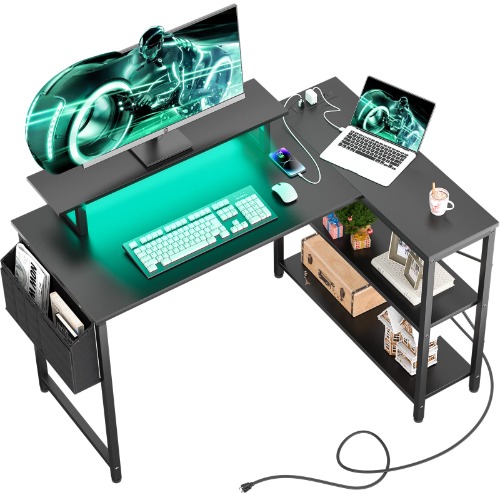 Homieasy L Shaped Computer Desk with LED Strip & Power Strip, 47 Inch Corner Desk with Monitor Stand Reversible Storage Shelves, Modern Simple Home Office Gaming Desk with Storage Bag(Black) - Black 47inch
