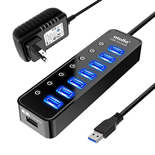 Powered USB Hub 3.0, Atolla 7-Port USB Data Hub Splitter with One Smart Charging Port and Individual On/Off Switches and 5V/4A Power Adapter USB Extension for MacBook, Mac Pro/Mini and More. - black