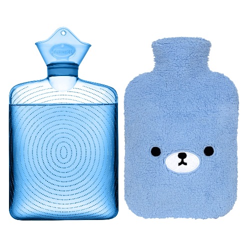 Samply Transparent Hot Water Bottle- 2 Liter Water Bag with Cute Fleece Cover, Bear Blue