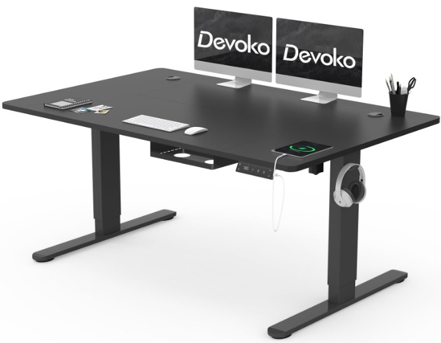 Devoko 140x80cm Bureau Hoogte Verstelbaar Elektrisch met USB C Oplaadpoort, Verrijdbaar Computer Bureau met Kabel Management Bak en 3-Functie Geheugen, Zwart met Wielen - 140 x 80 cm - Zwart