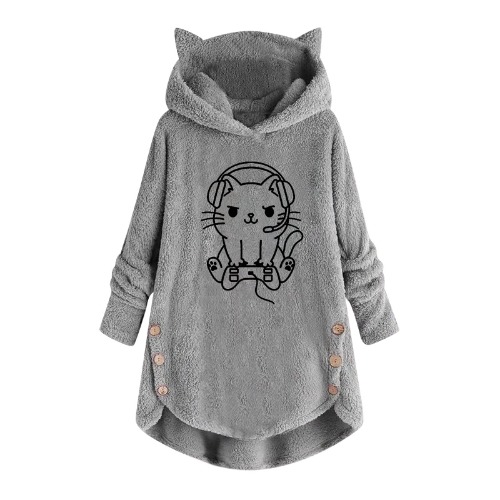 Cute Hoodies for Women Simple Graphic Cat Ear Fleece Fuzzy Hooded Sweatshirt Winter Oversized Asymmetric Hem Tops Coats - 2#gray Medium