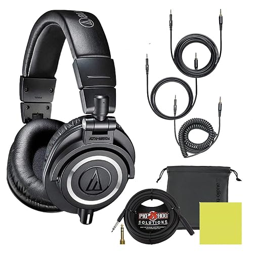 Audio Technica ATH-M50X, Studio Headphones Wired Bundle with Pig Hog 25 Inch Extension Cable & Polishing Cloth - DJ Headphones Professional, Recording Headphones with Detachable Cable