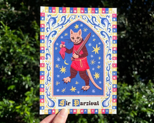 Sir Parzival the Cat Knight Medieval Style Print - 5x7 art illustration 