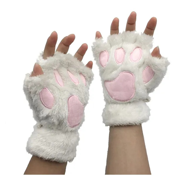 Womens Faux Fur Winter Plush Gloves Bear Cat Paw Plush Claw Glove Mitten Soft Winter Fingerless Gloves - White One Size
