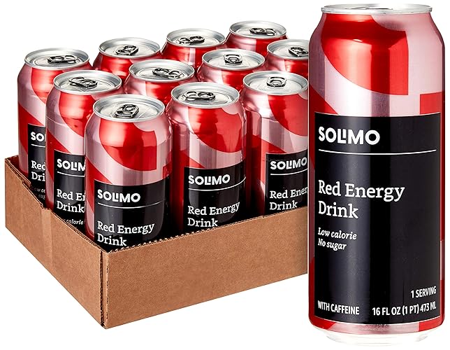 Amazon Brand - Solimo Red Energy Drink, Sugar-Free, Vegan, Low-Calorie, 16 fl oz (Pack of 12) - caffeine,taurine - 16 Fl Oz (Pack of 12)