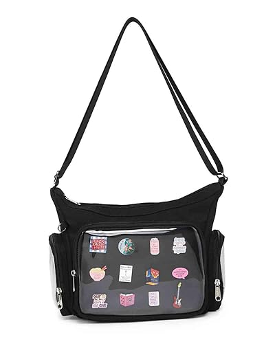 Canvas Ita Bag Crossbody Shoulder Bag Kawaii Purses and Handbags with Anime Pins Display - Black