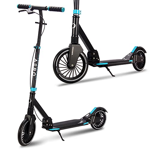 Aero Big Wheels Kick Scooter for Adults. Commuter Scooters with Shock Absorption, Lightweight, Foldable and Height Adjustable. - black&blue