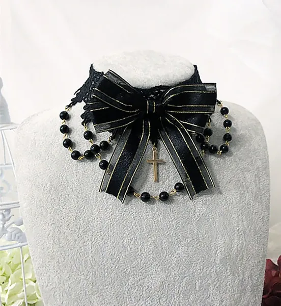 Black Gothic Lace Necklace With Bead Chain and Big Bow-black | Etsy